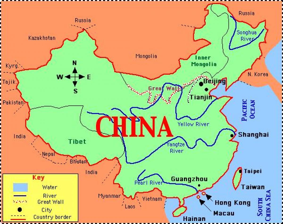 China peta dengan sungai dan gunung